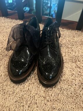 Gabor Black Patent Leather Brogue Flats with Sheer Ribbon